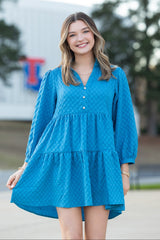 Woman wearing a blue dress standing outdoors with blurred background