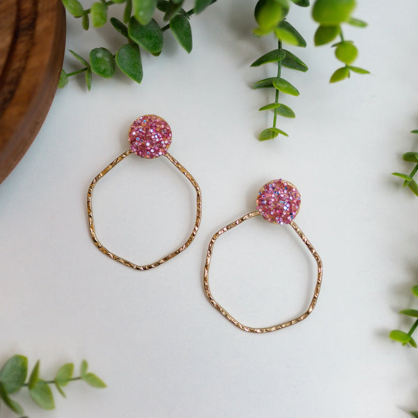Glittered Pink Hammered Hoops Earrings - Love Bug Apparel®
